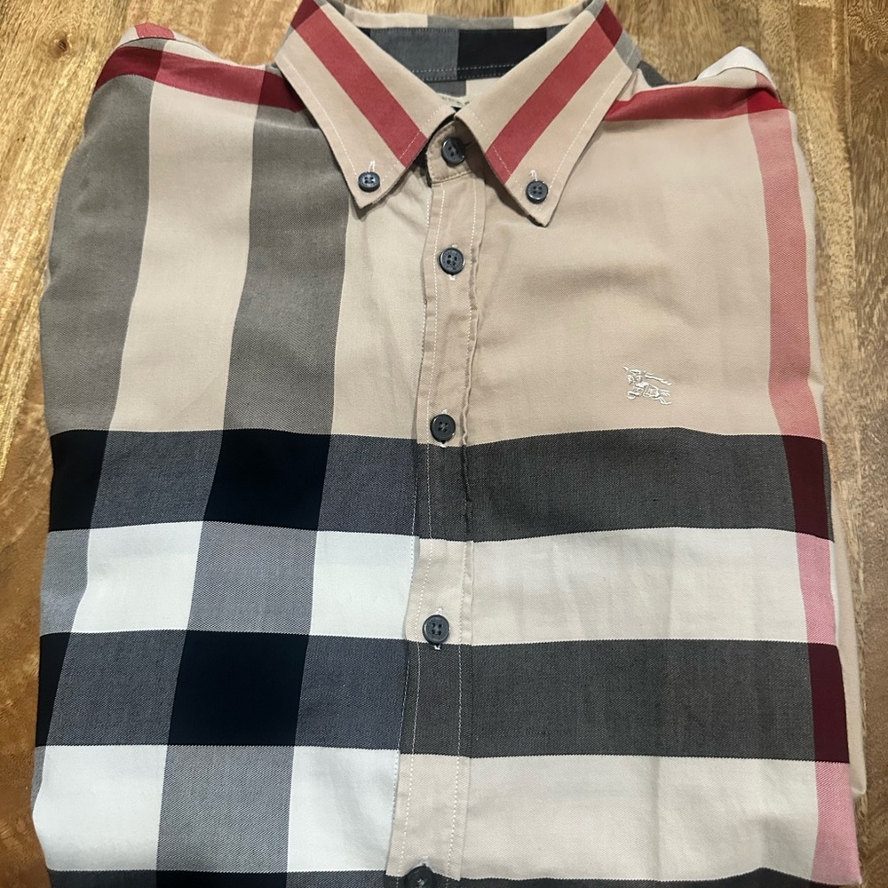 Burberry Beige and Red Plaid Button Down Shirt